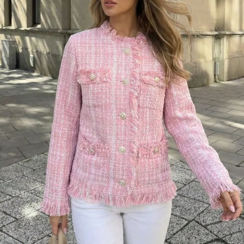 Pink Elegant Women's Tassel Fitted Jacket - Picture 5 of 10
